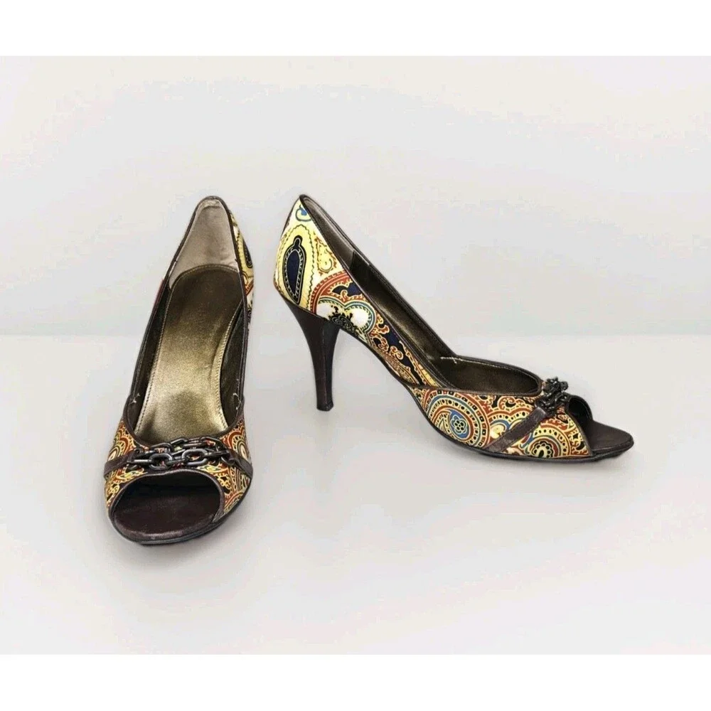 J.Crew Paisley Print Peep Toe Pump Heels Chain Detail Silk Fabric Made Italy 9.5